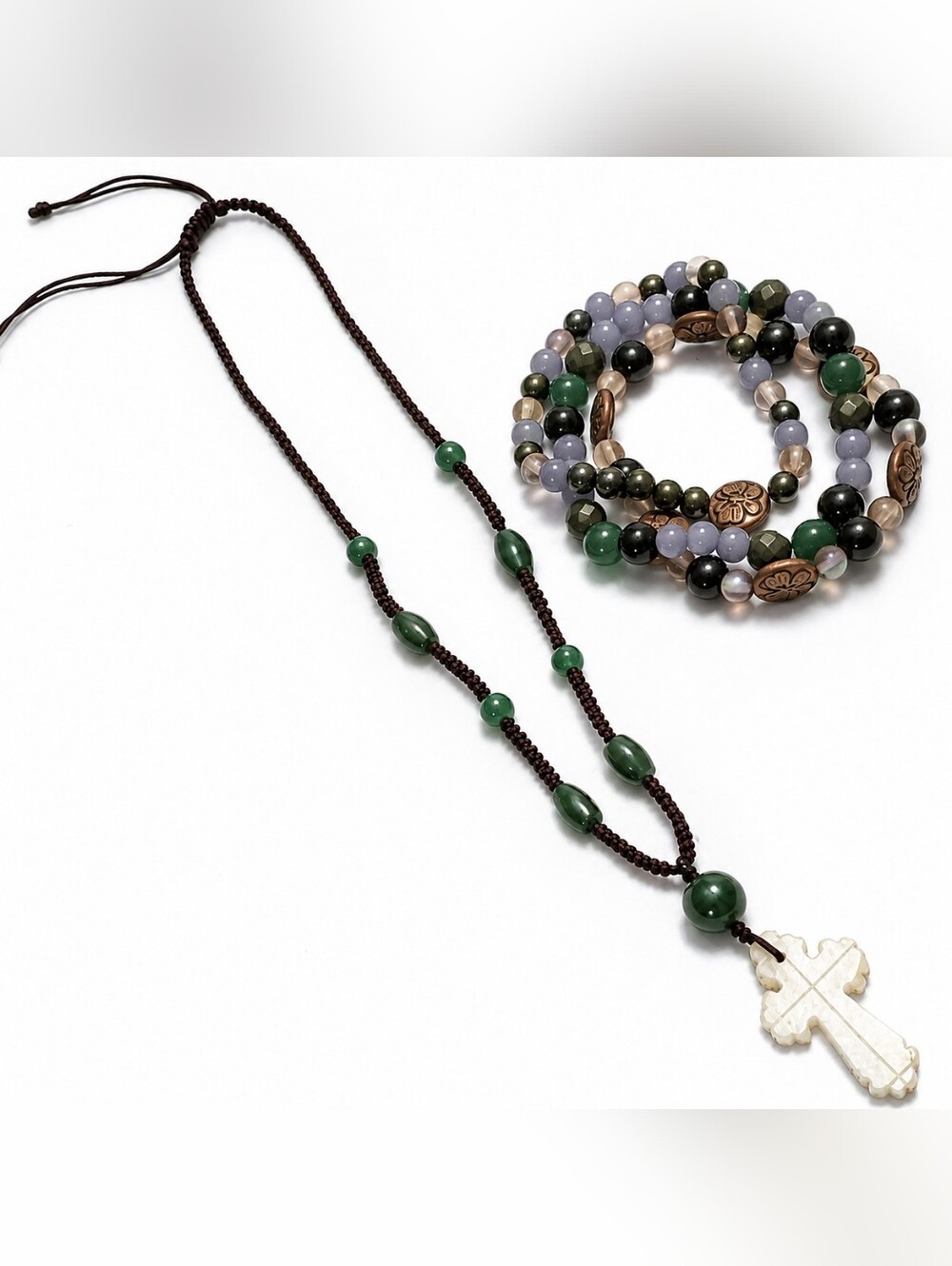 Christian Jewelry Set | Ivory Cross Choker Necklace & 3 Gemstone Bracelets